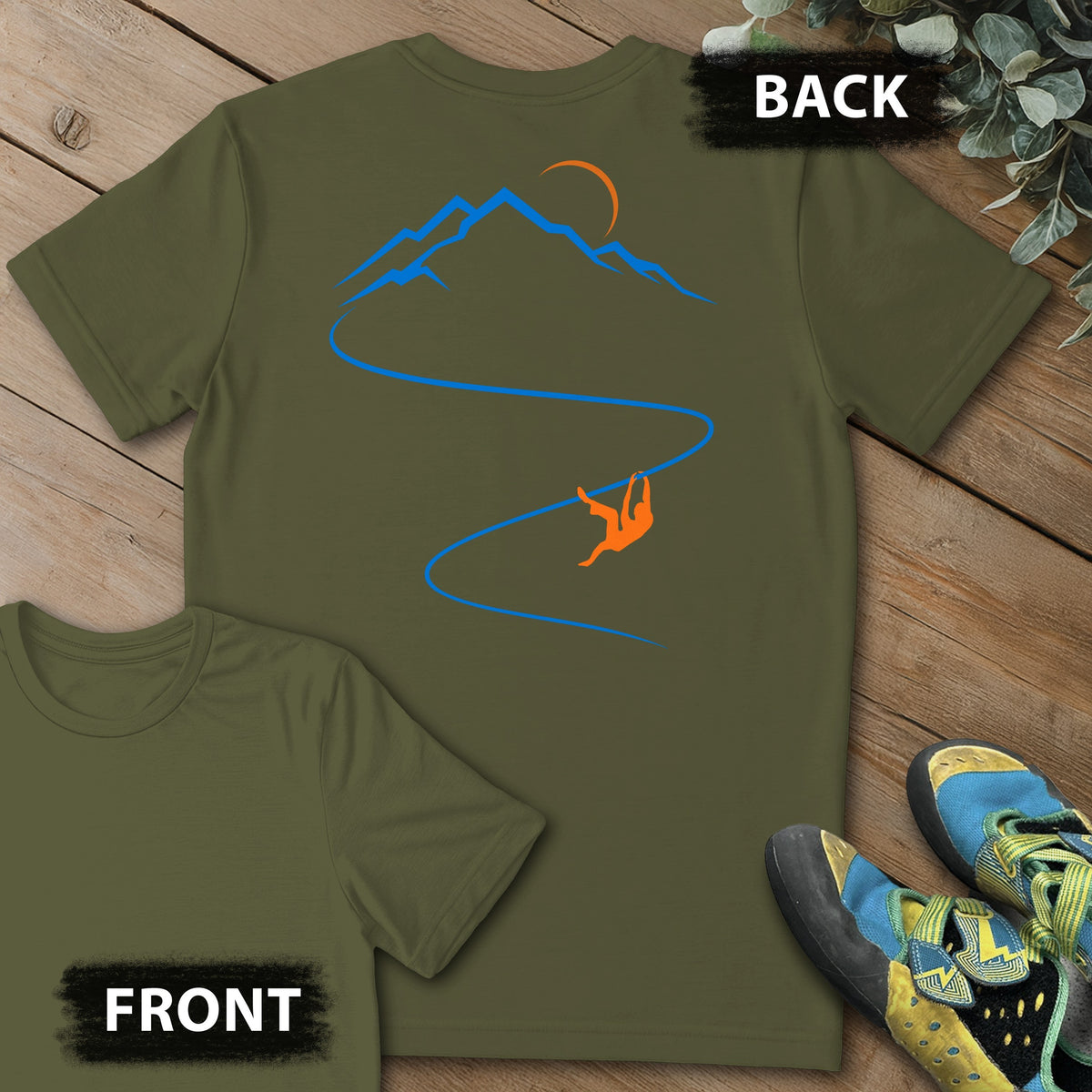 Moonlight Climb Backprint Tee in Military Green — flat lay mockup