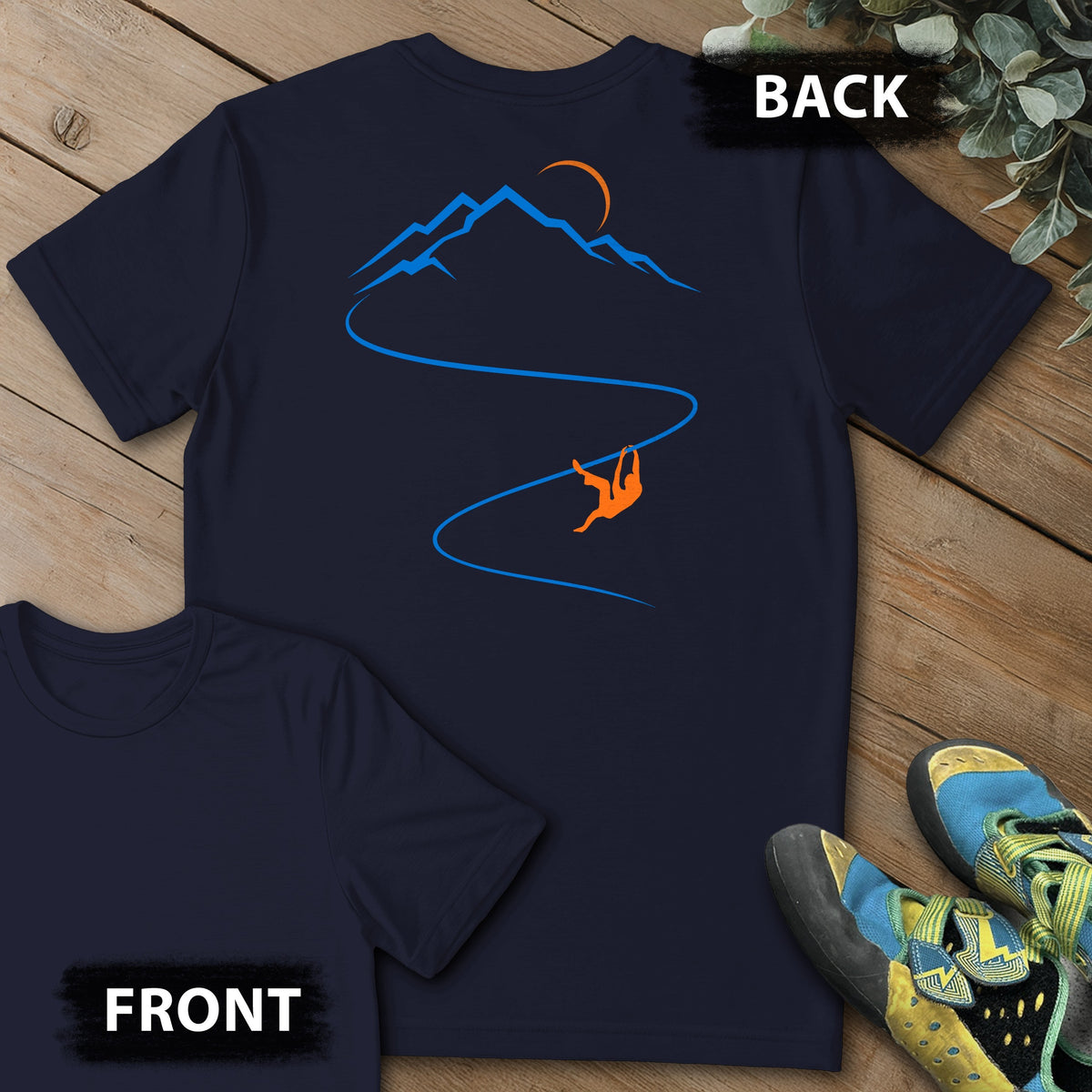 Moonlight Climb Backprint Tee in Navy — flat lay mockup