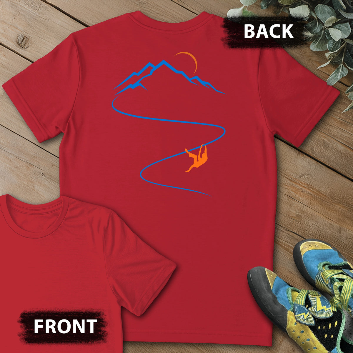 Moonlight Climb Backprint Tee in Red — flat lay mockup