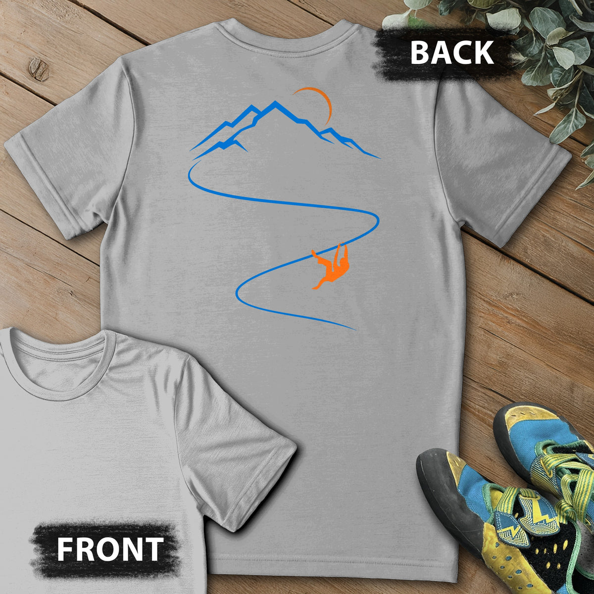 Moonlight Climb Backprint Tee in Sport Grey — flat lay mockup