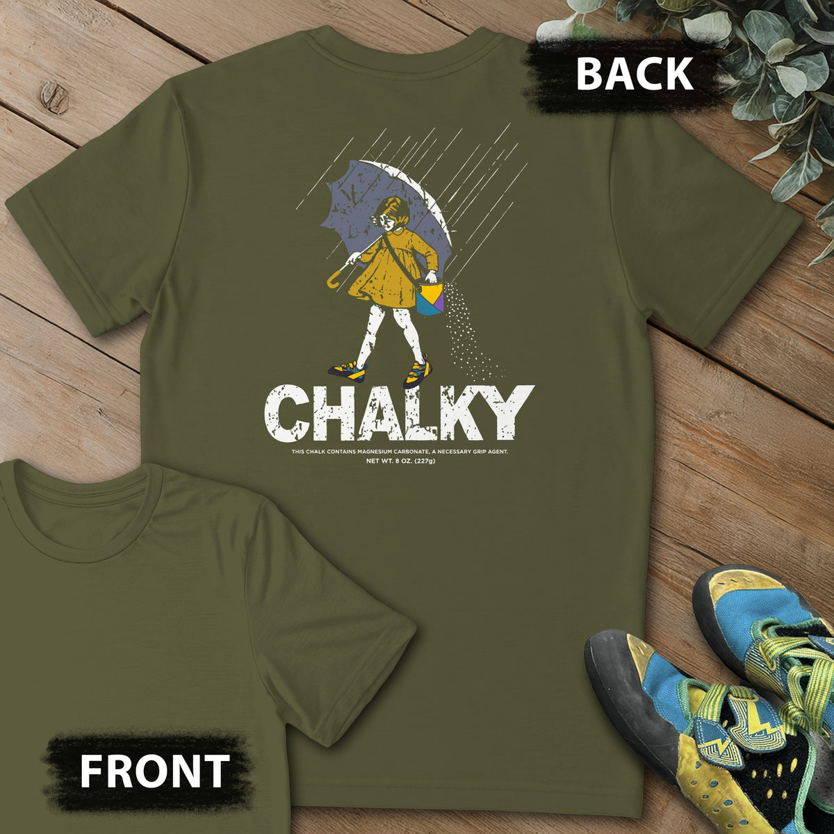 Morton Chalky Backprint Tee in Military Green — flat lay mockup