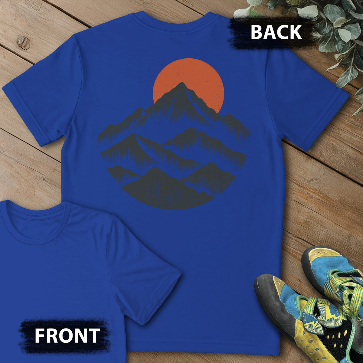 Mountain Mist Backprint Tee in Royal — flat lay mockup