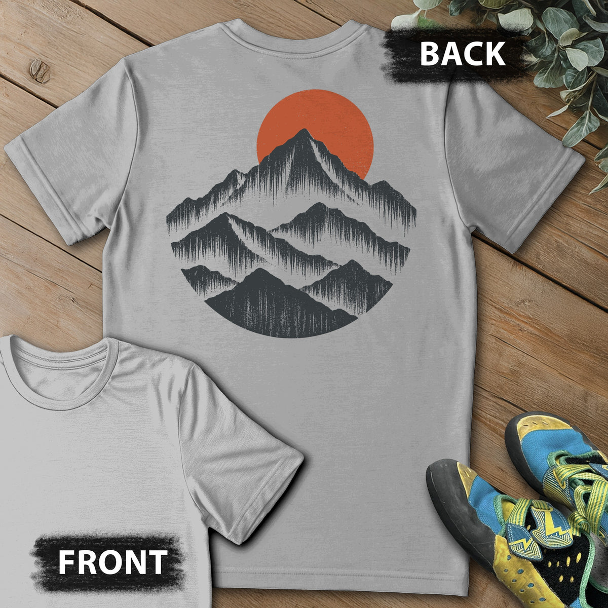 Mountain Mist Backprint Tee in Sport Grey — flat lay mockup