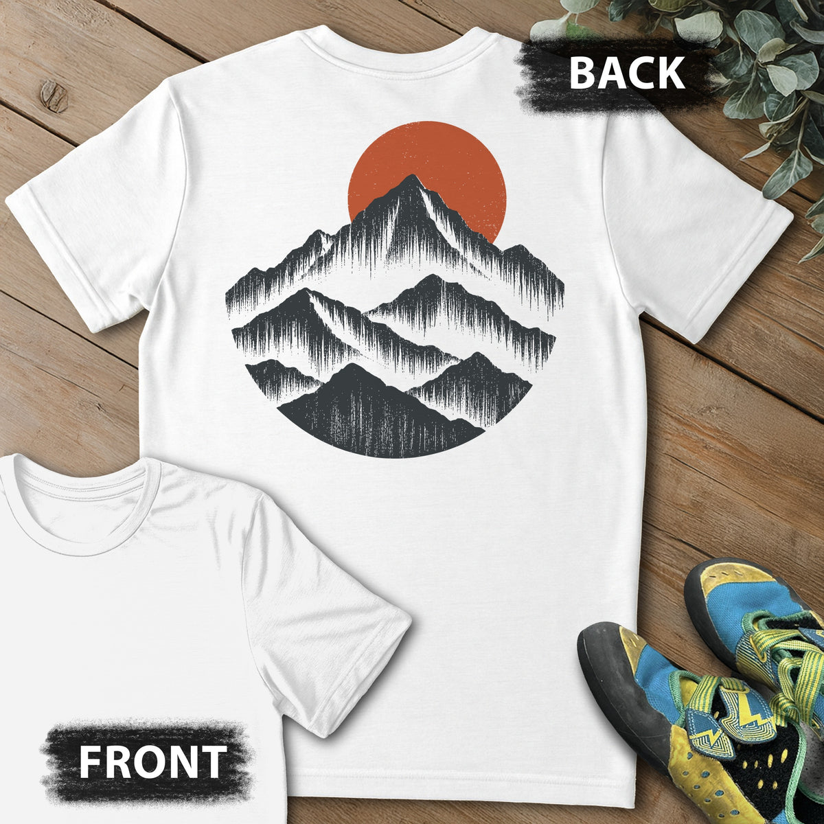 Mountain Mist Backprint Tee in White — flat lay mockup