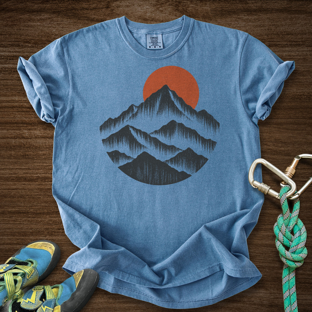 Mountain Mist Premium in Blue Jean — flat lay mockup