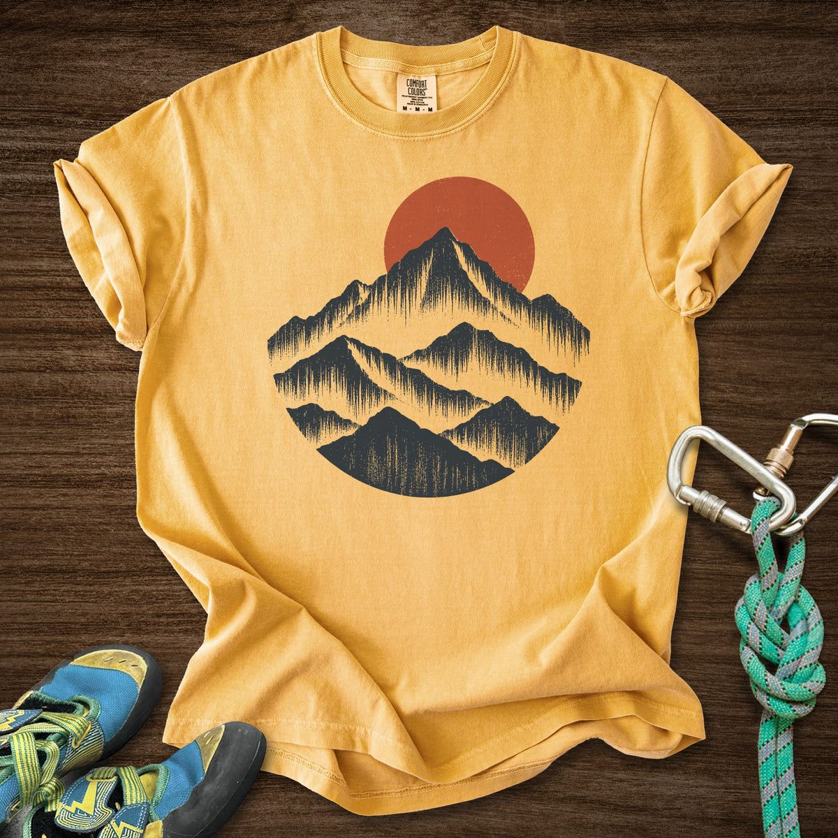 Mountain Mist Premium in Mustard — flat lay mockup