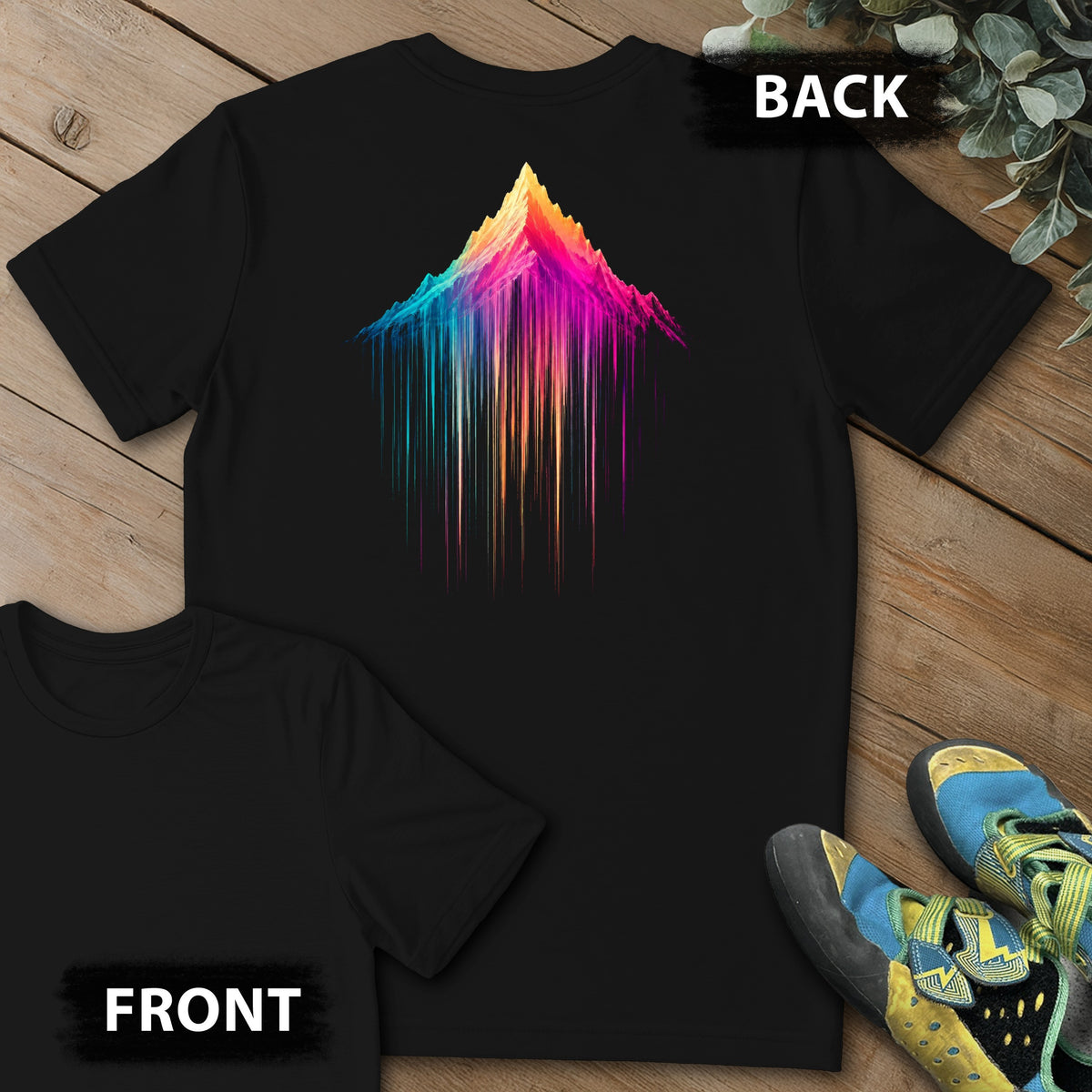Mountain Showers Backprint Tee in Black — flat lay mockup