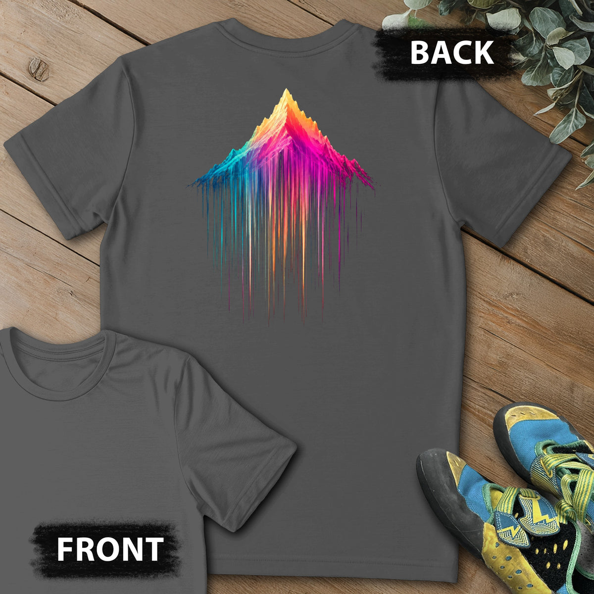 Mountain Showers Backprint Tee in Charcoal — flat lay mockup