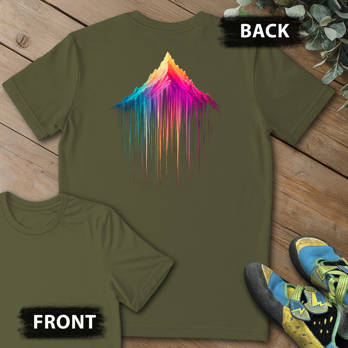 Mountain Showers Backprint Tee in Military Green — flat lay mockup