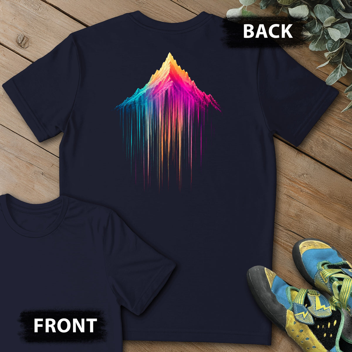 Mountain Showers Backprint Tee in Navy — flat lay mockup