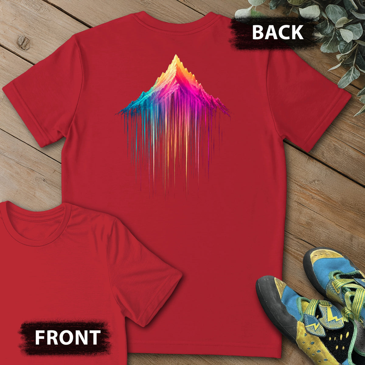 Mountain Showers Backprint Tee in Red — flat lay mockup