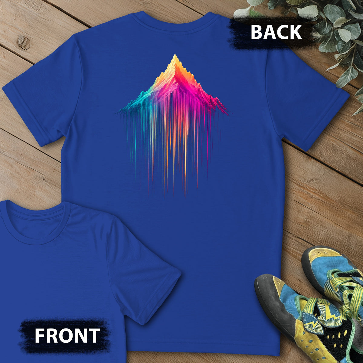 Mountain Showers Backprint Tee in Royal — flat lay mockup