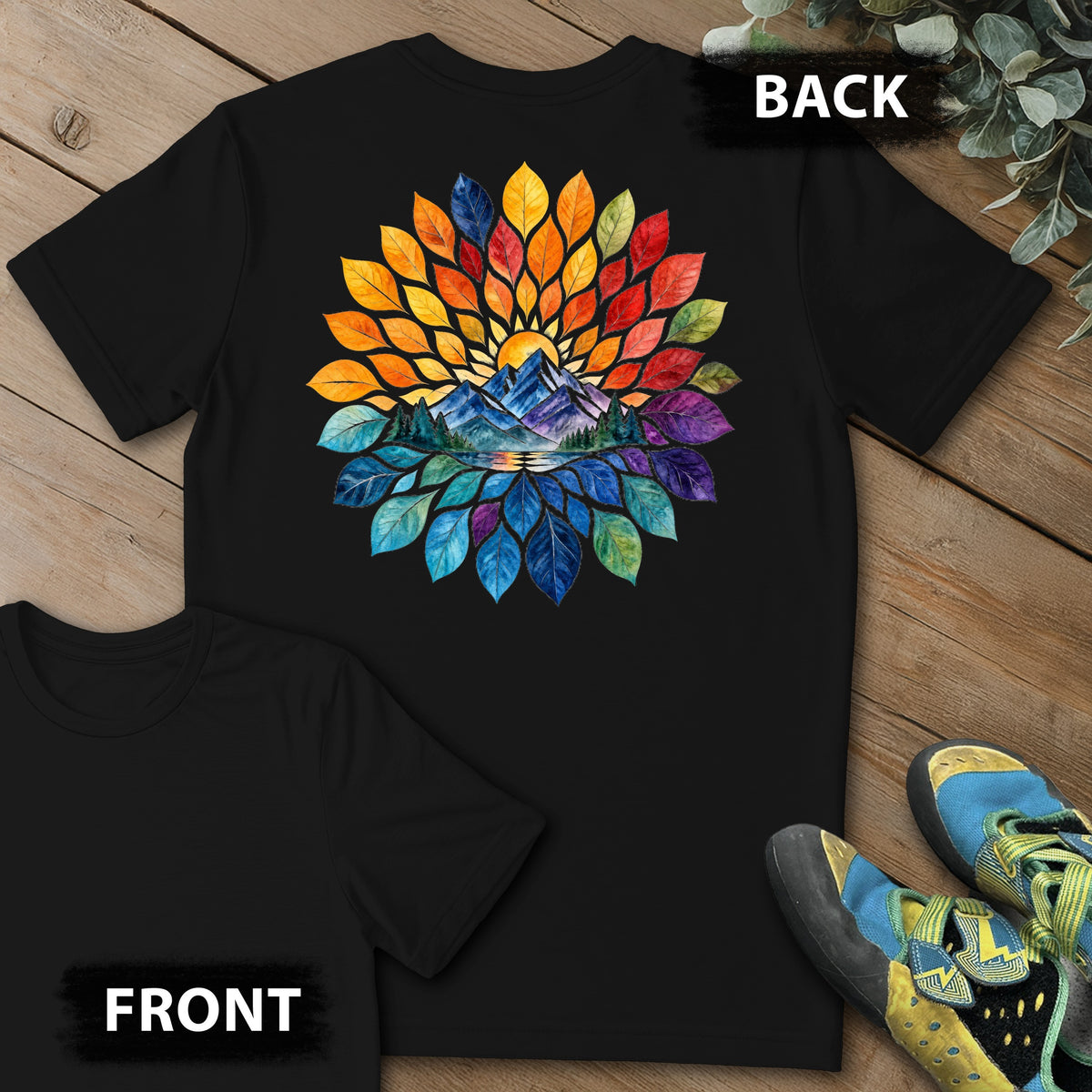Mtn Color Feathers Backprint Tee in Black — flat lay mockup