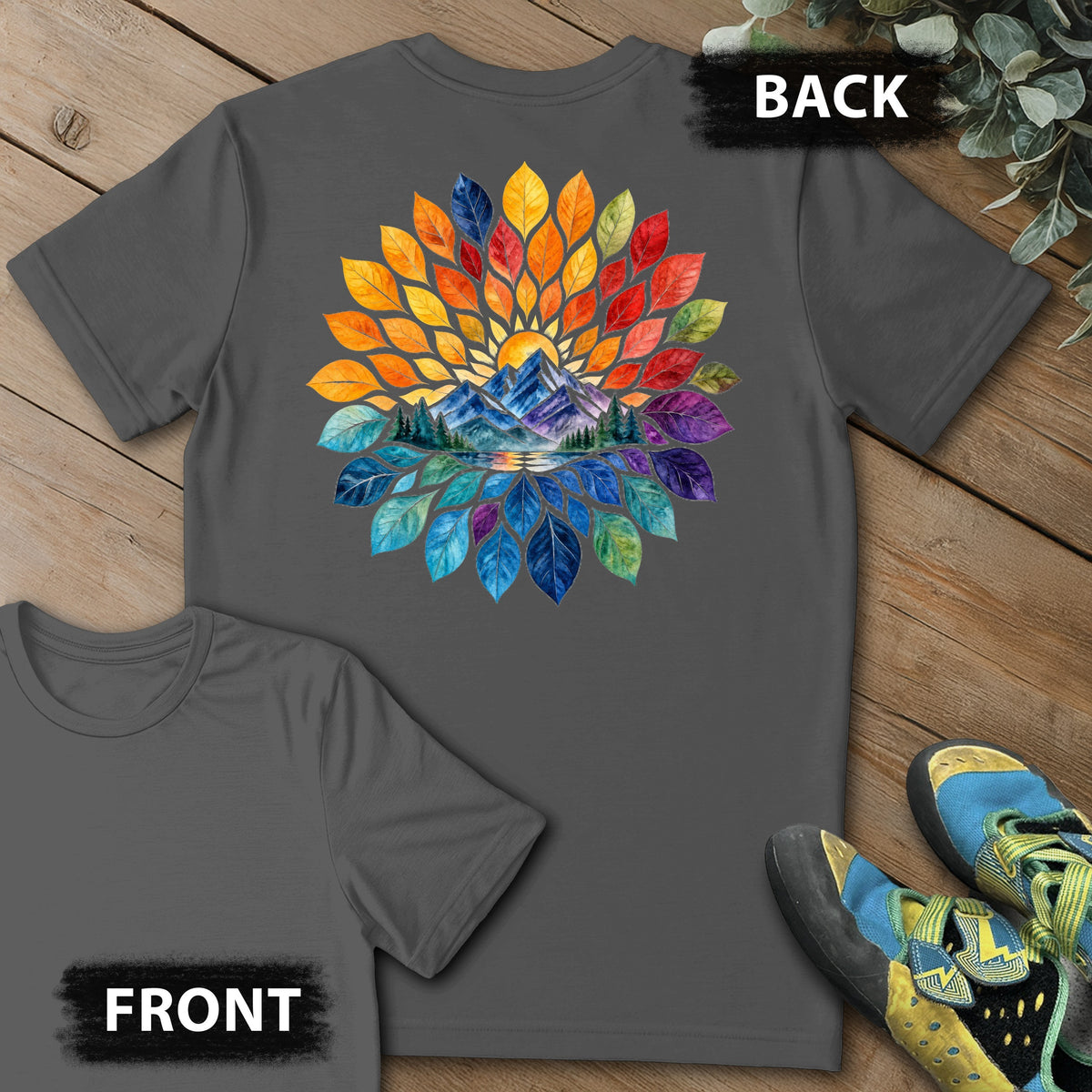 Mtn Color Feathers Backprint Tee in Charcoal — flat lay mockup