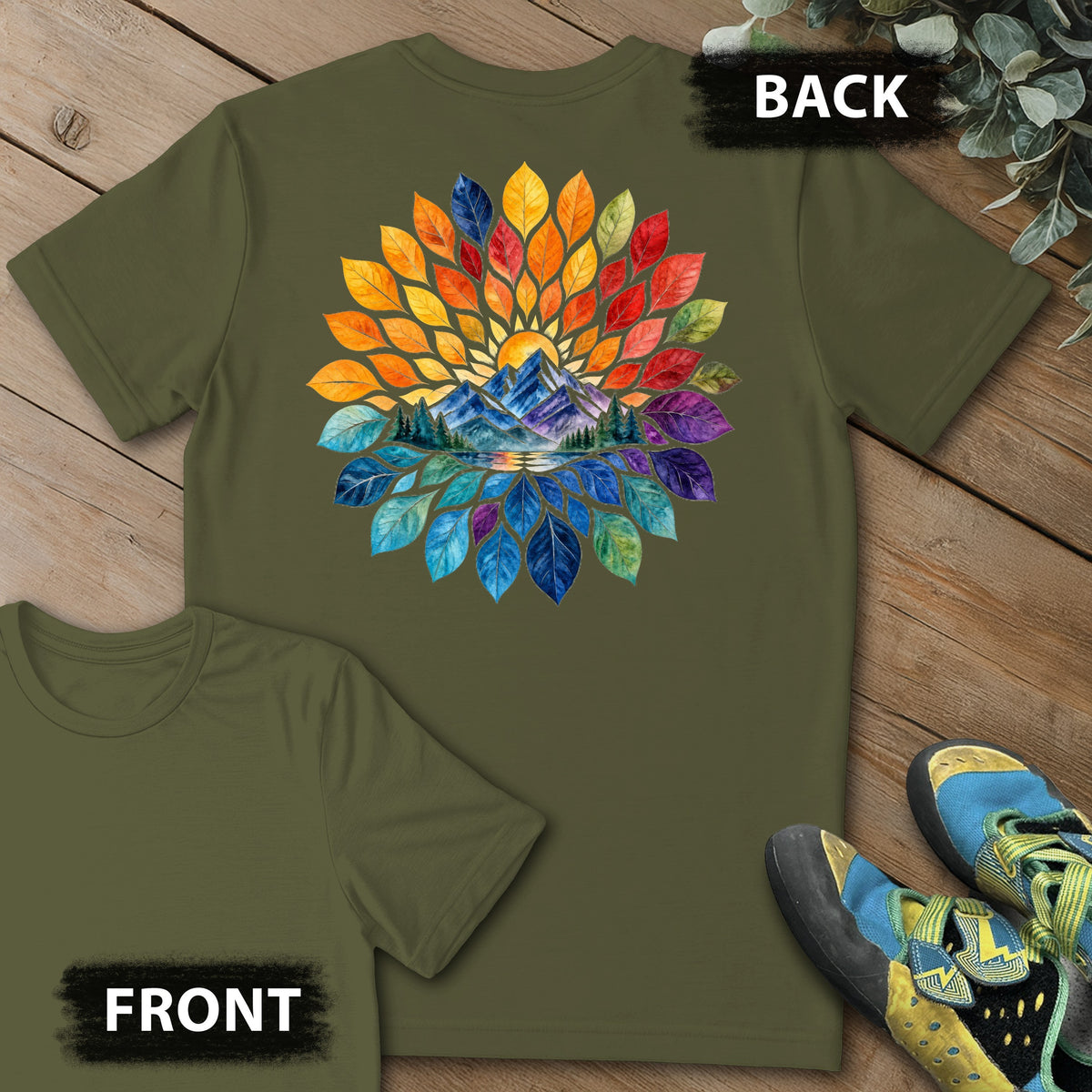 Mtn Color Feathers Backprint Tee in Military Green — flat lay mockup