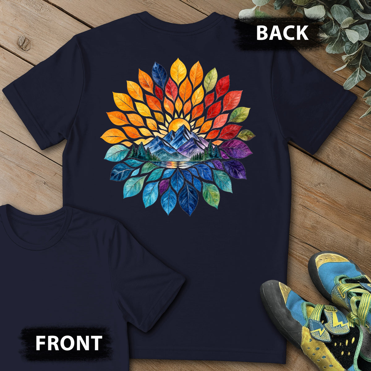 Mtn Color Feathers Backprint Tee in Navy — flat lay mockup
