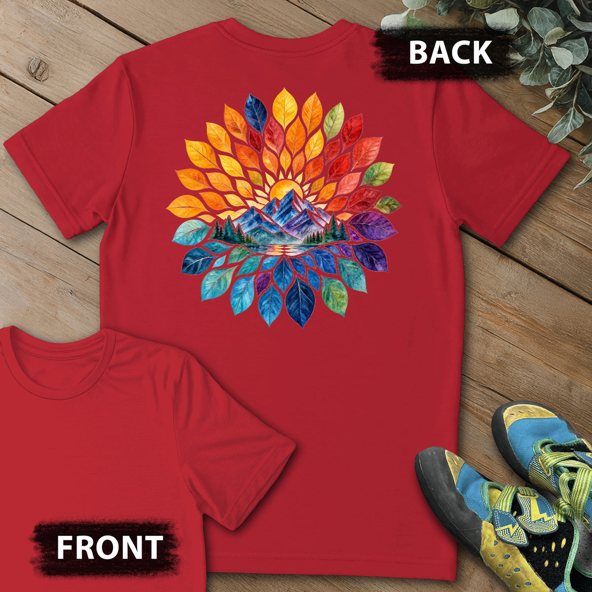 Mtn Color Feathers Backprint Tee in Red — flat lay mockup