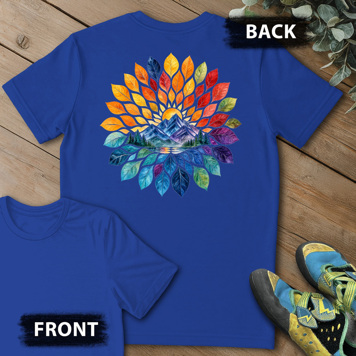 Mtn Color Feathers Backprint Tee in Royal — flat lay mockup