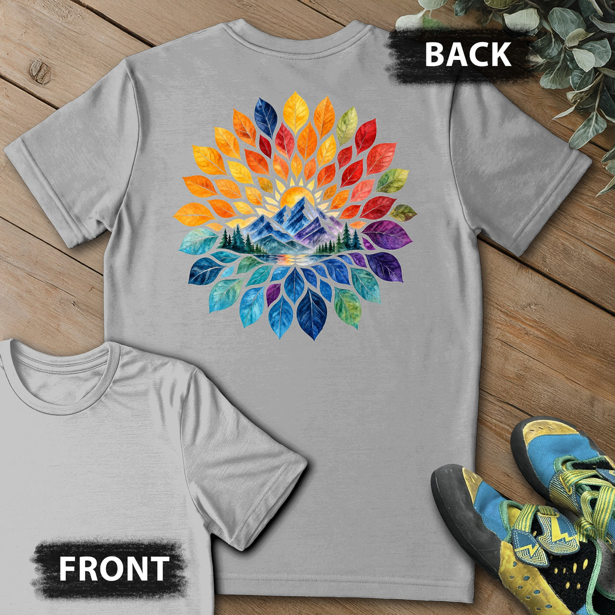 Mtn Color Feathers Backprint Tee in Sport Grey — flat lay mockup
