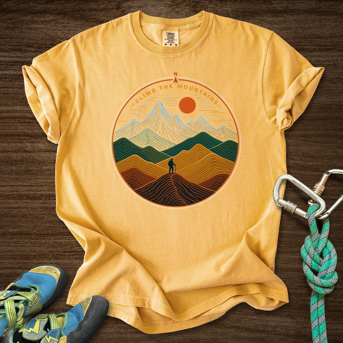 Mtns Point North Premium in Mustard — flat lay mockup