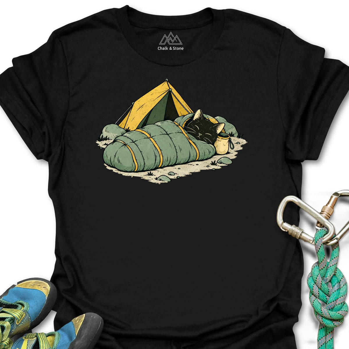 Mummy Bag Cat Tee in Black — flat lay mockup