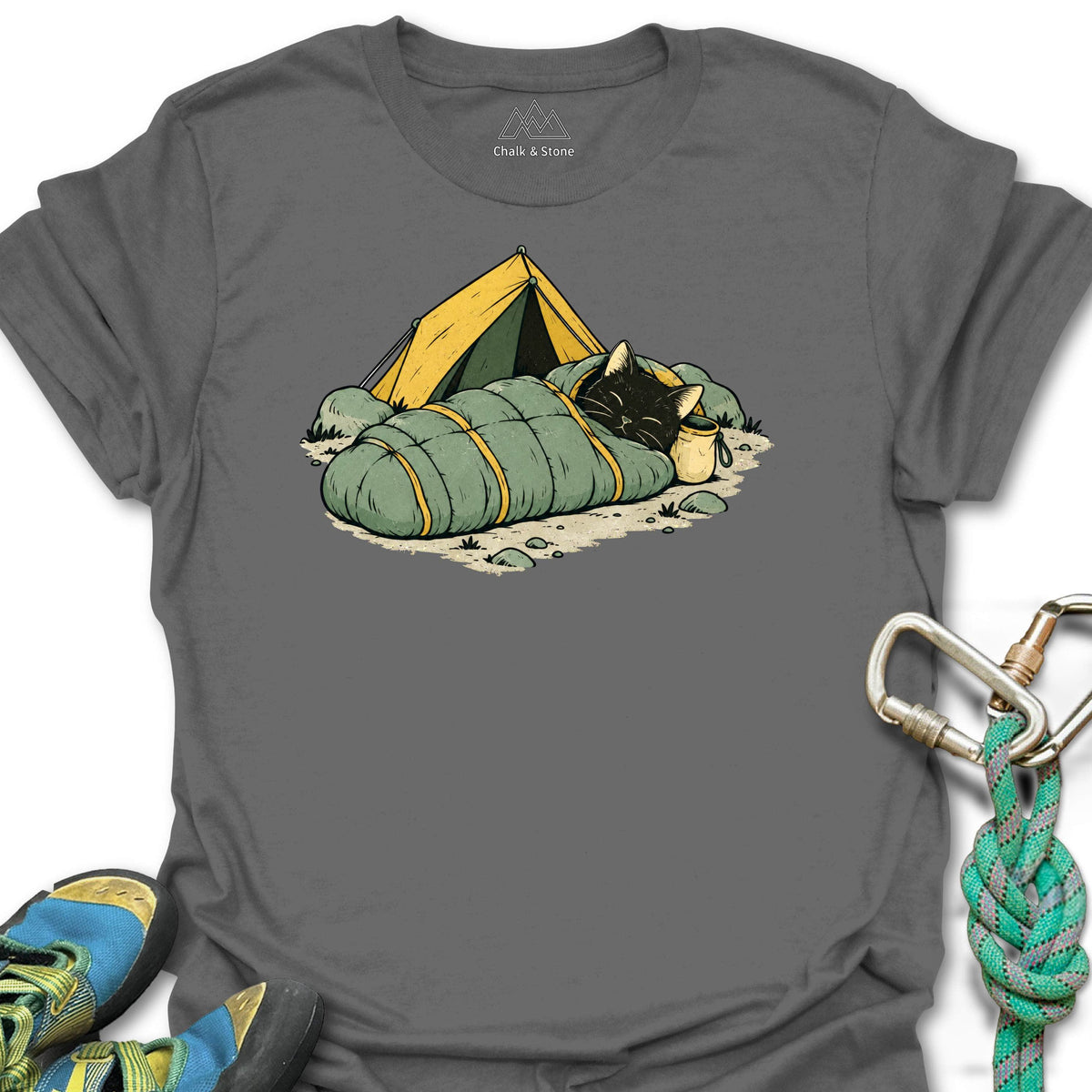 Mummy Bag Cat Tee in Charcoal — flat lay mockup