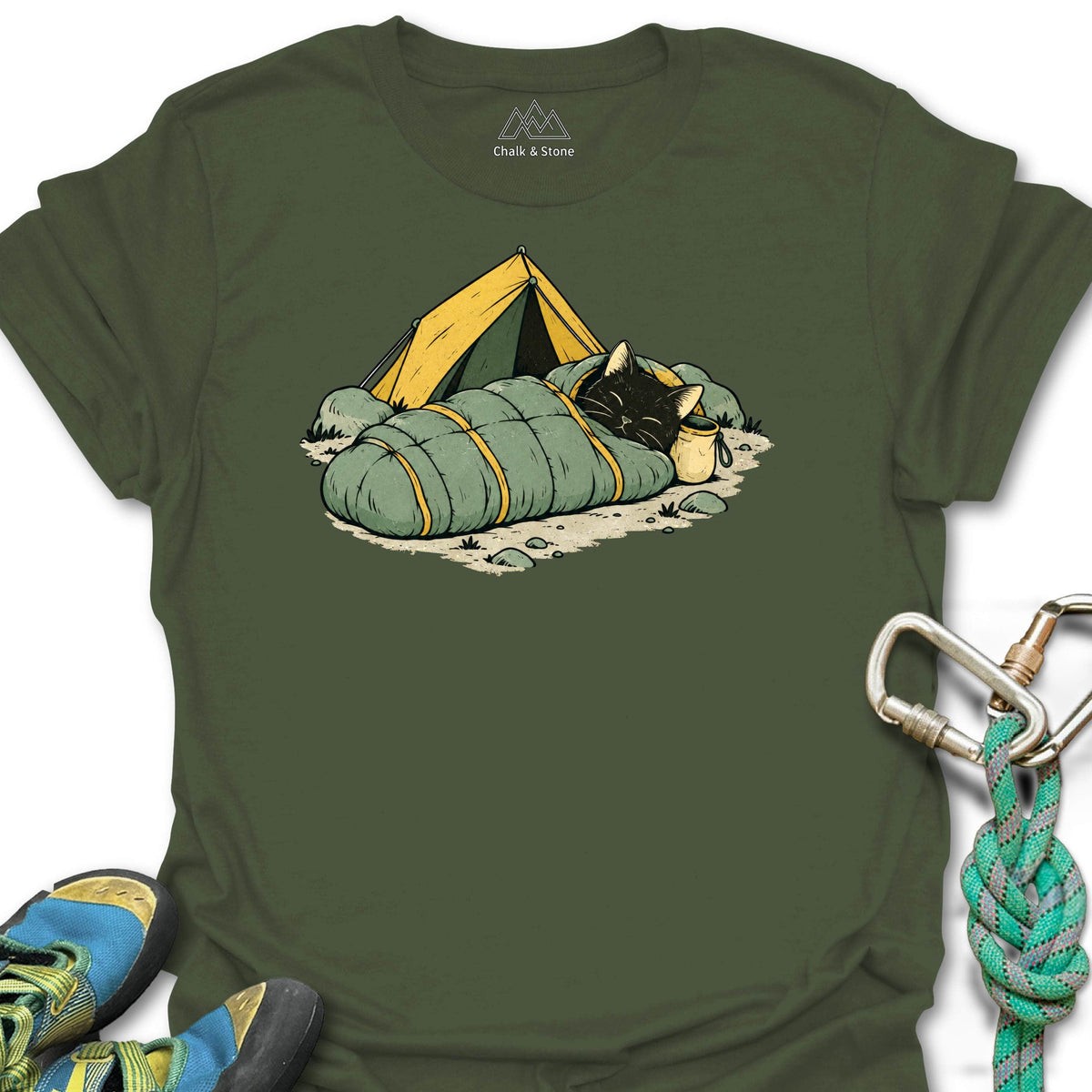 Mummy Bag Cat Tee in Military Green — flat lay mockup