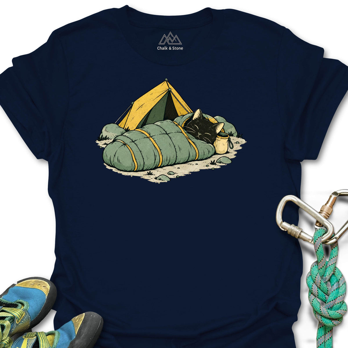 Mummy Bag Cat Tee in Navy — flat lay mockup