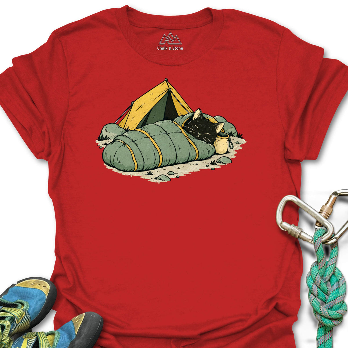 Mummy Bag Cat Tee in Red — flat lay mockup