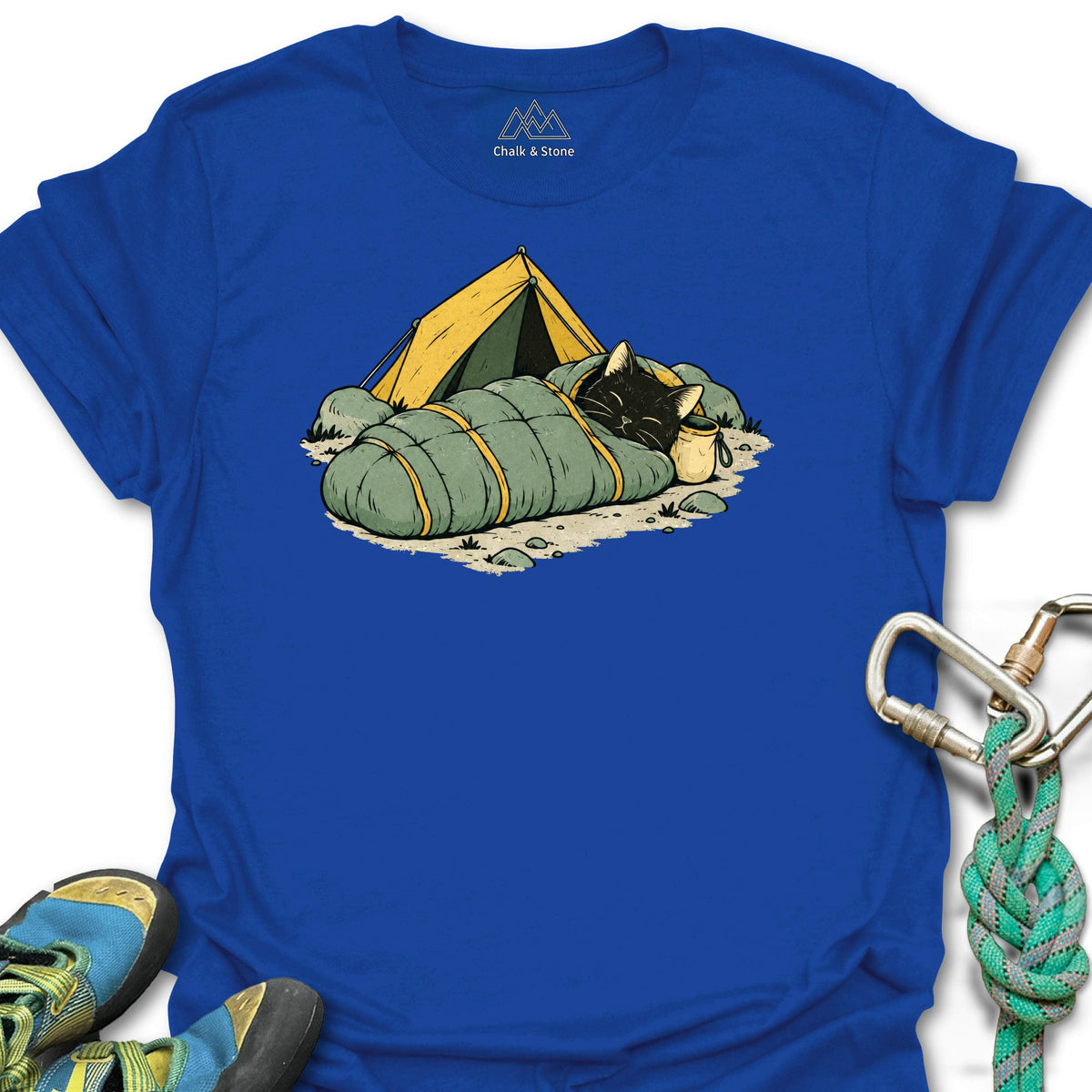 Mummy Bag Cat Tee in Royal — flat lay mockup