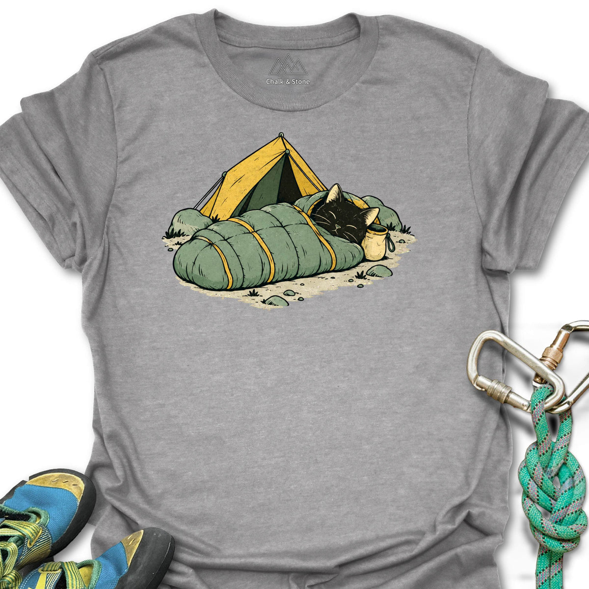 Mummy Bag Cat Tee in Sport Grey — flat lay mockup