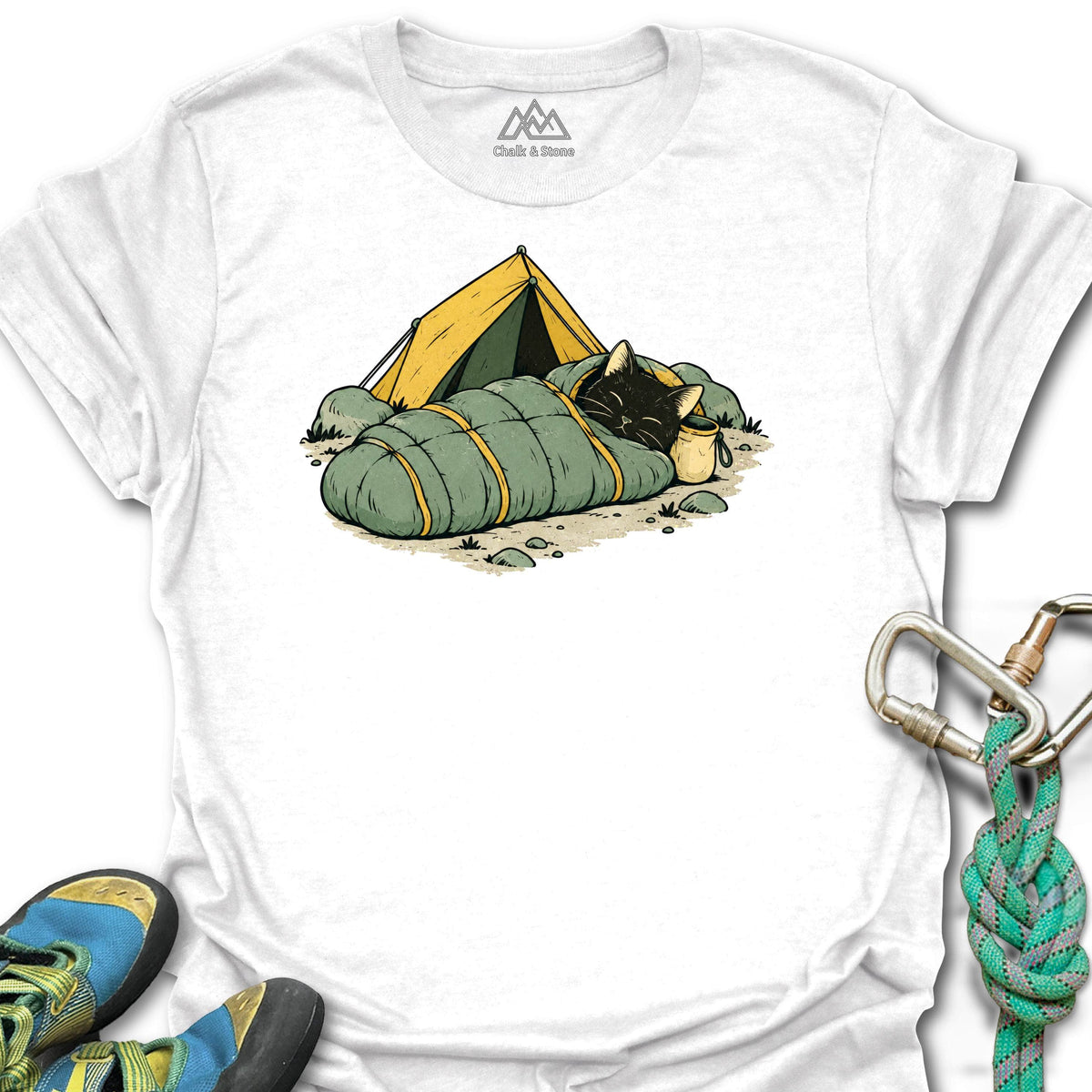 Mummy Bag Cat Tee in White — flat lay mockup