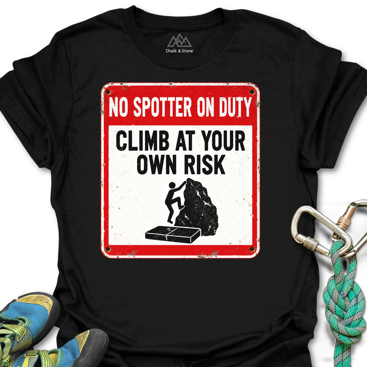No Spotter On Duty Tee in Black — flat lay mockup