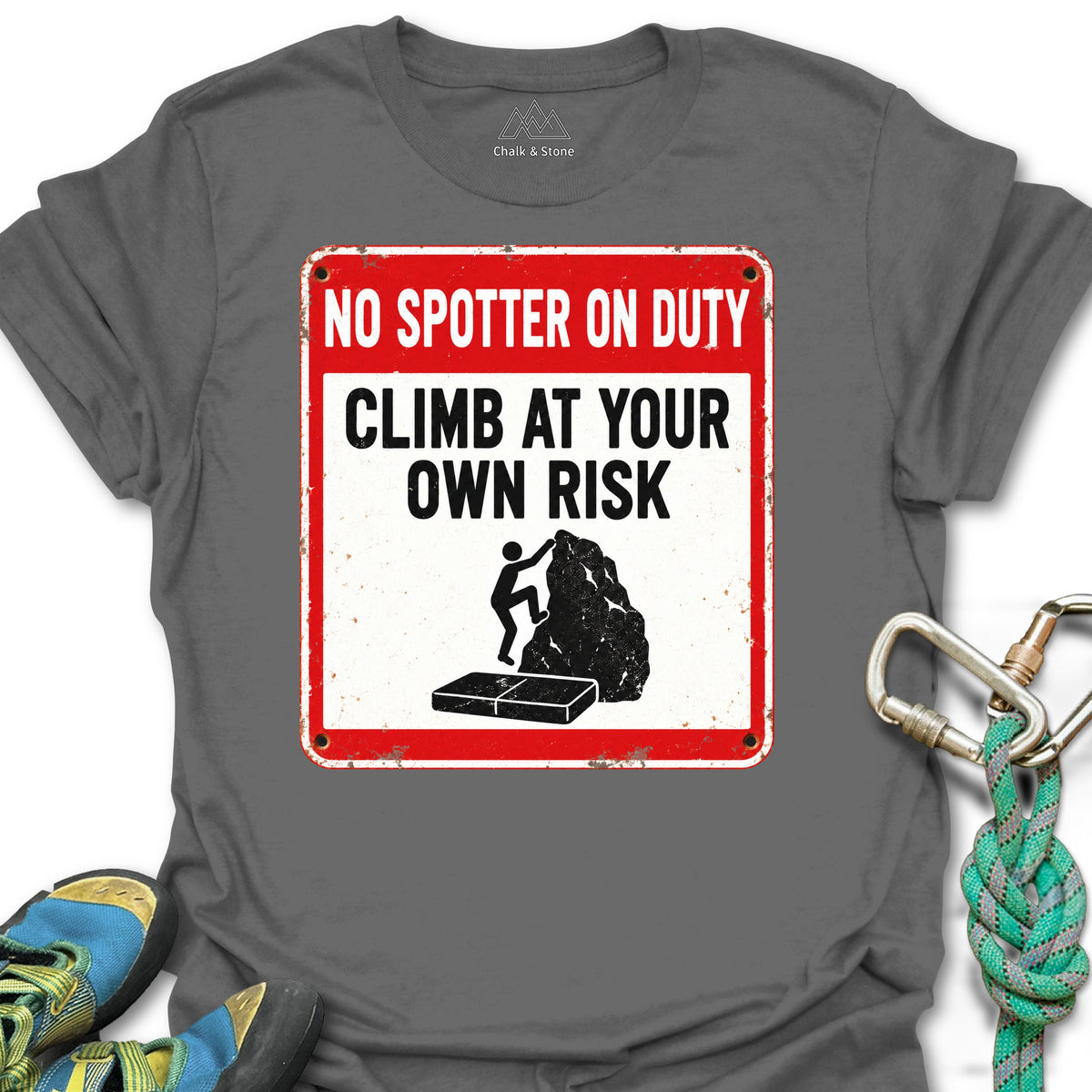 No Spotter On Duty Tee in Charcoal — flat lay mockup