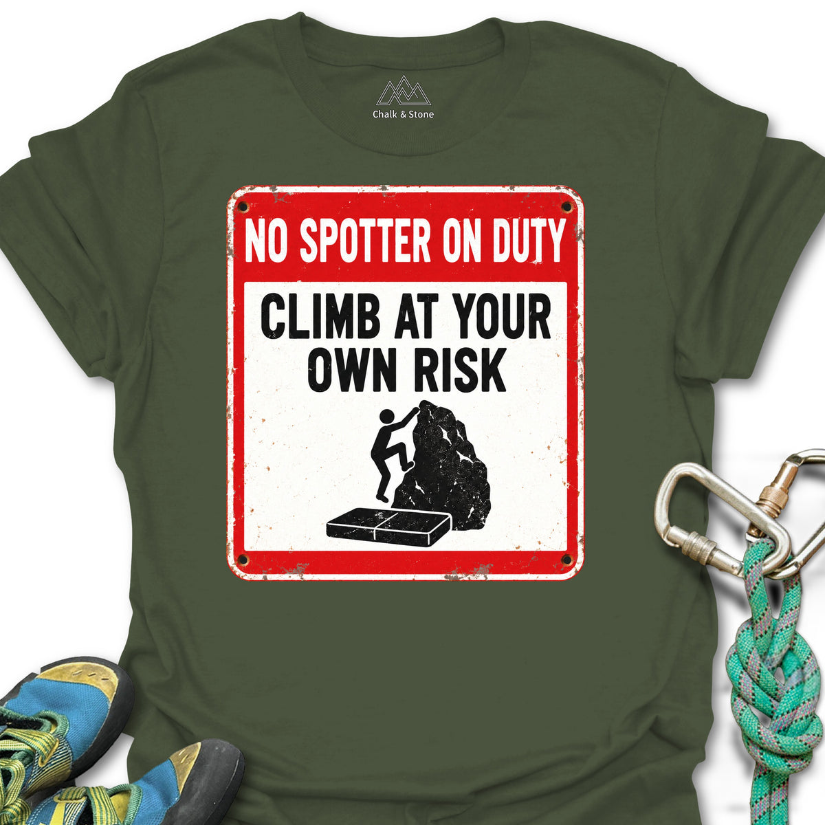 No Spotter On Duty Tee in Military Green — flat lay mockup