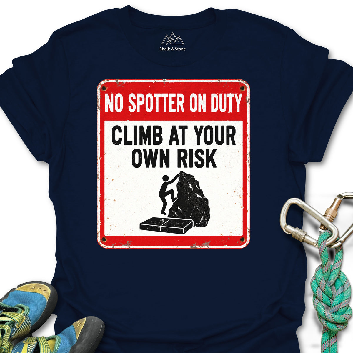 No Spotter On Duty Tee in Navy — flat lay mockup