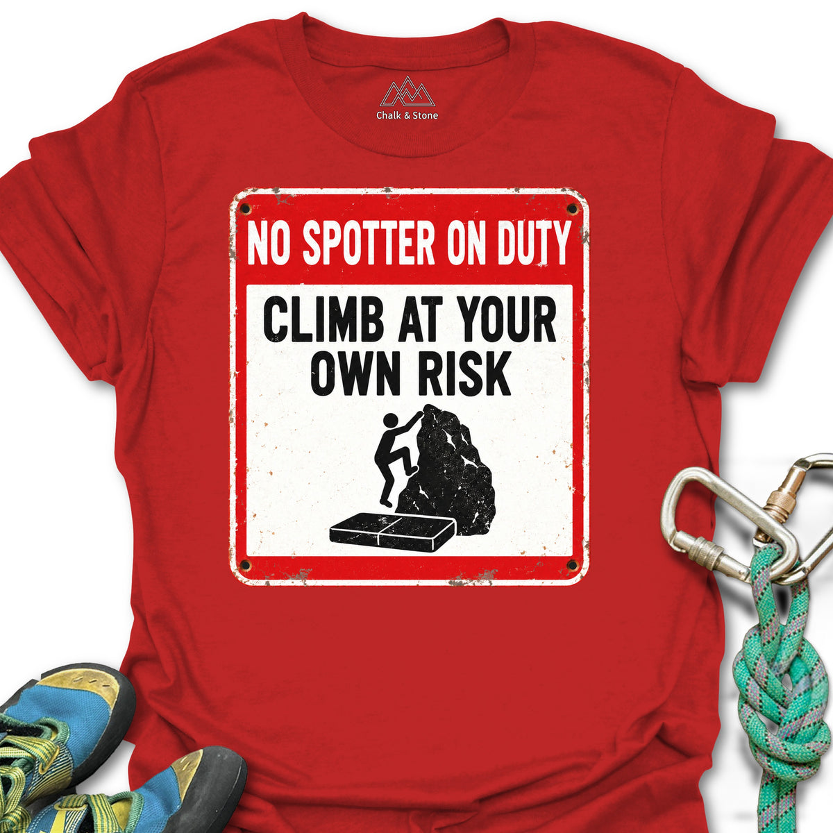 No Spotter On Duty Tee in Red — flat lay mockup