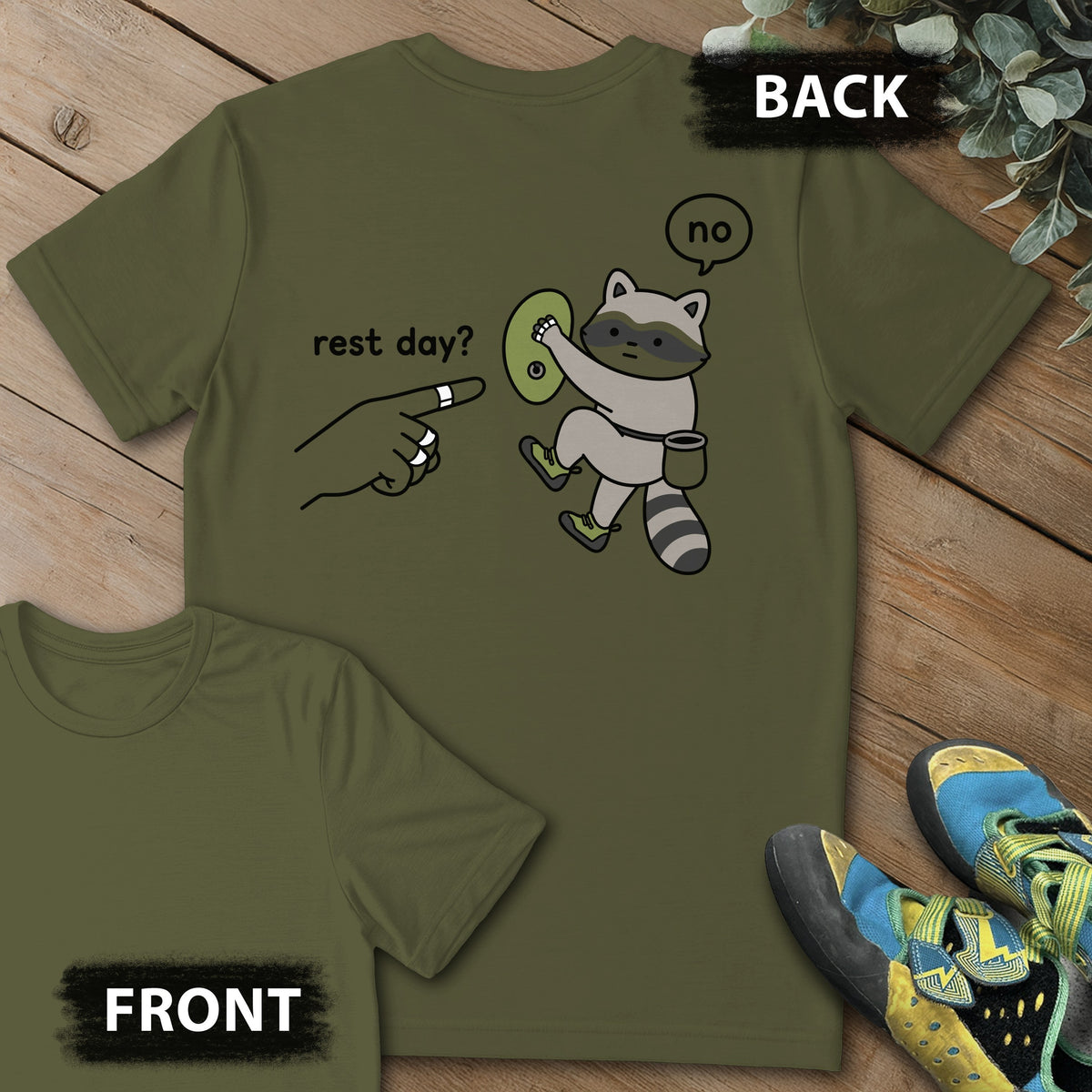 No To Rest Day Backprint Tee in Military Green — flat lay mockup