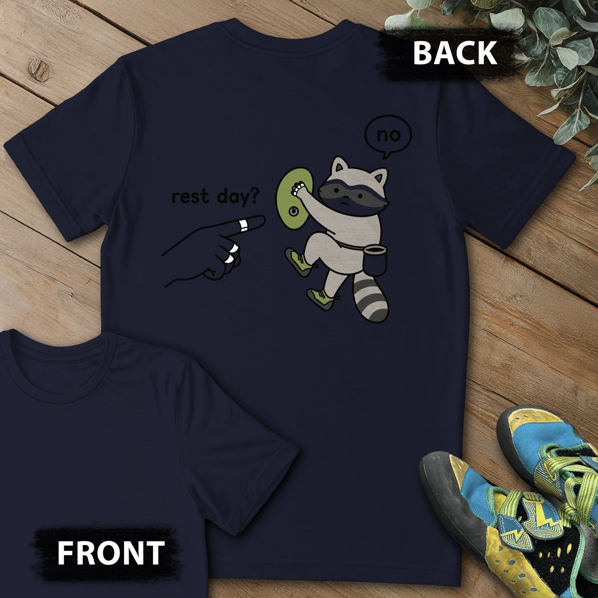 No To Rest Day Backprint Tee in Navy — flat lay mockup