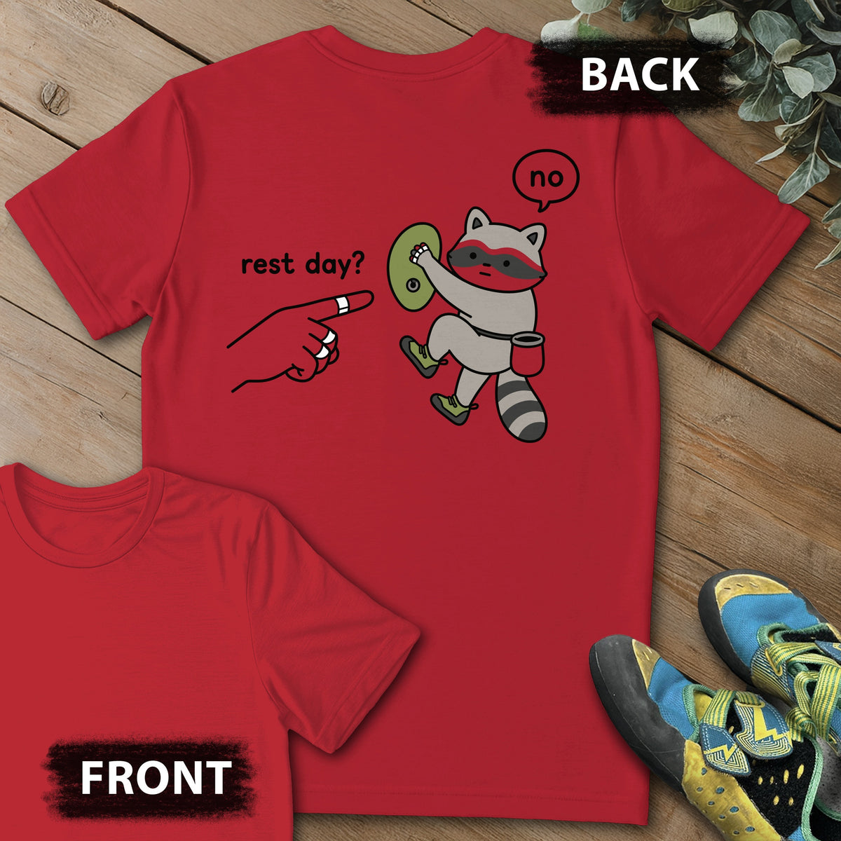 No To Rest Day Backprint Tee in Red — flat lay mockup