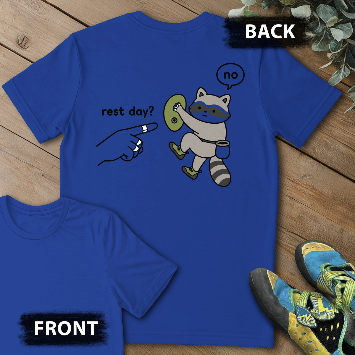 No To Rest Day Backprint Tee in Royal — flat lay mockup