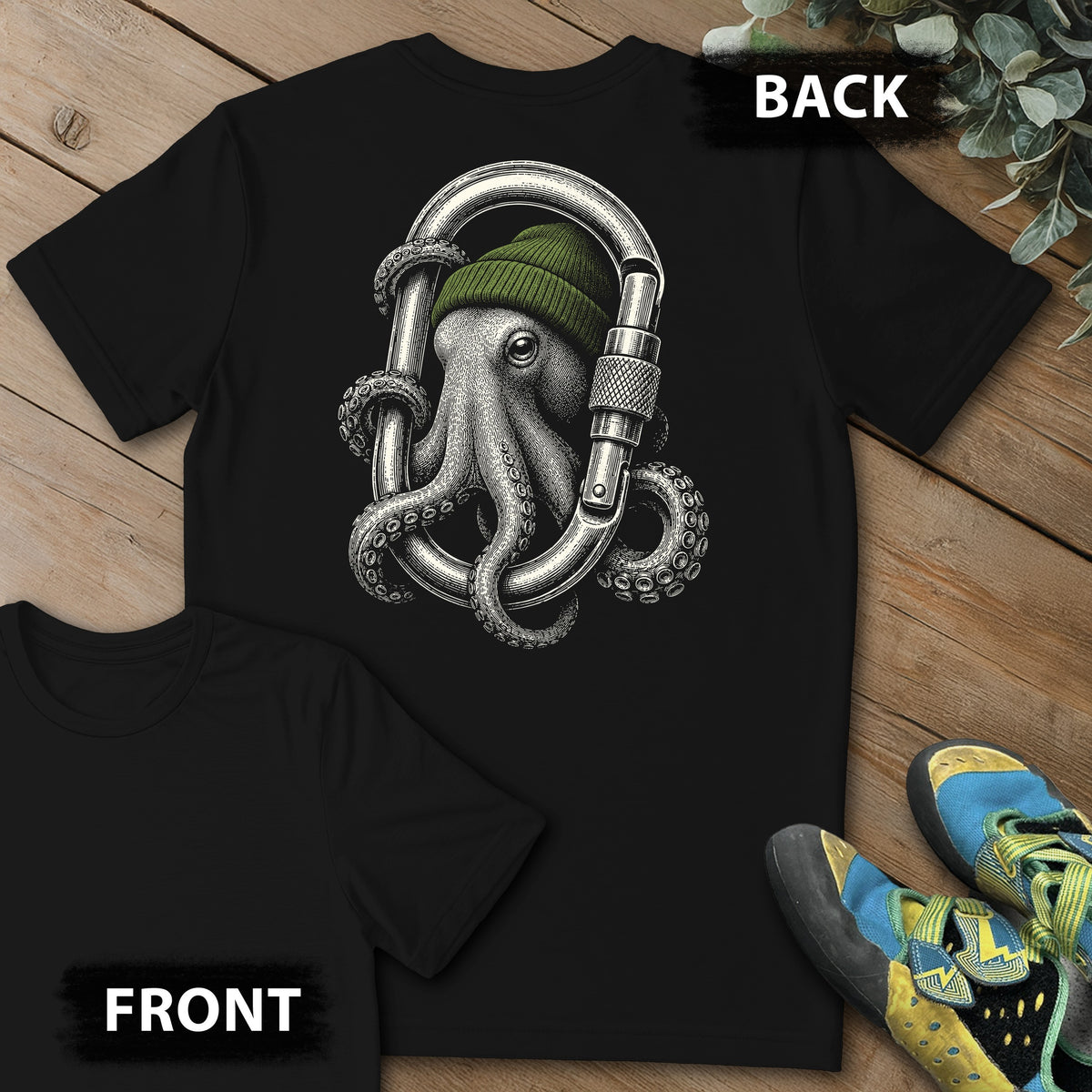 Octo Carabiner Backprint Tee in Black — flat lay mockup