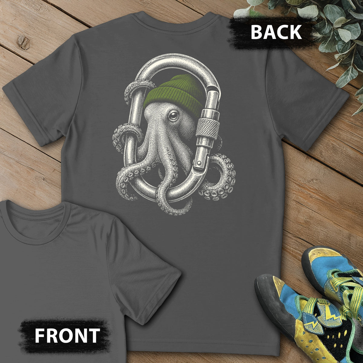 Octo Carabiner Backprint Tee in Charcoal — flat lay mockup