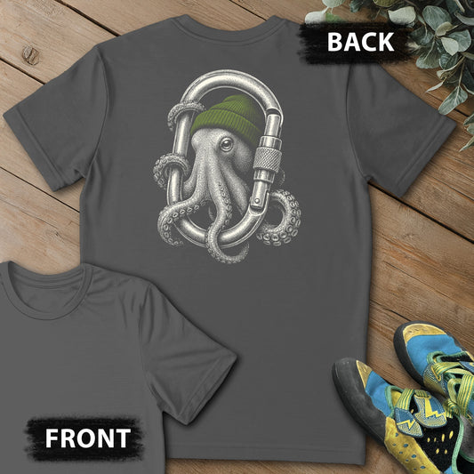 Octo Carabiner Backprint Tee in Charcoal — flat lay mockup