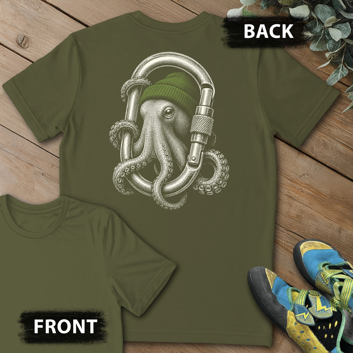 Octo Carabiner Backprint Tee in Military Green — flat lay mockup