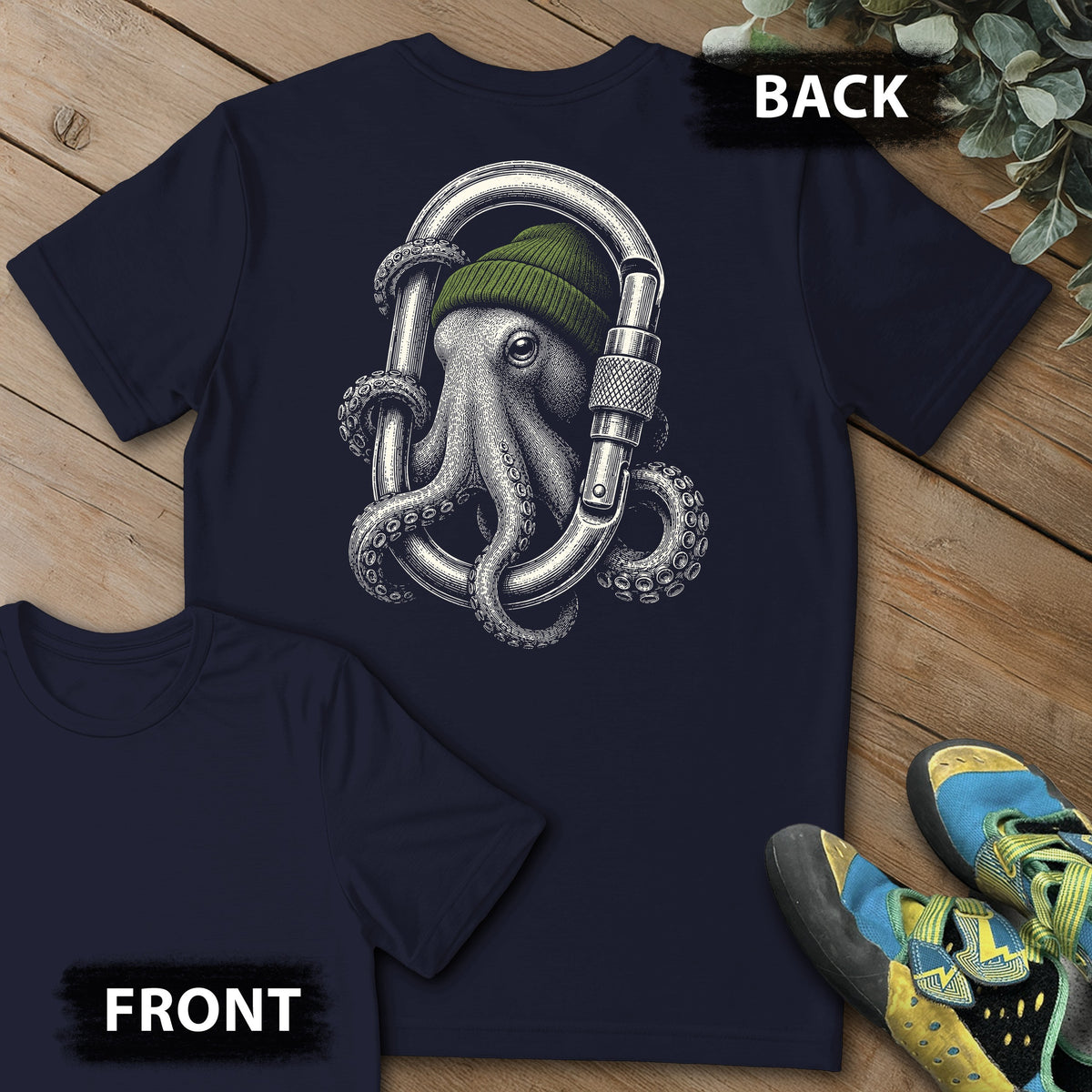 Octo Carabiner Backprint Tee in Navy — flat lay mockup