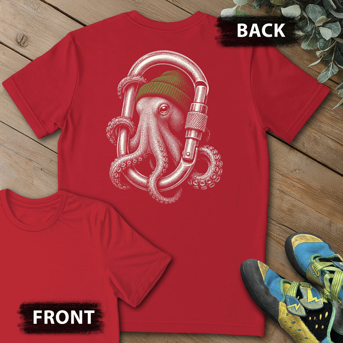 Octo Carabiner Backprint Tee in Red — flat lay mockup