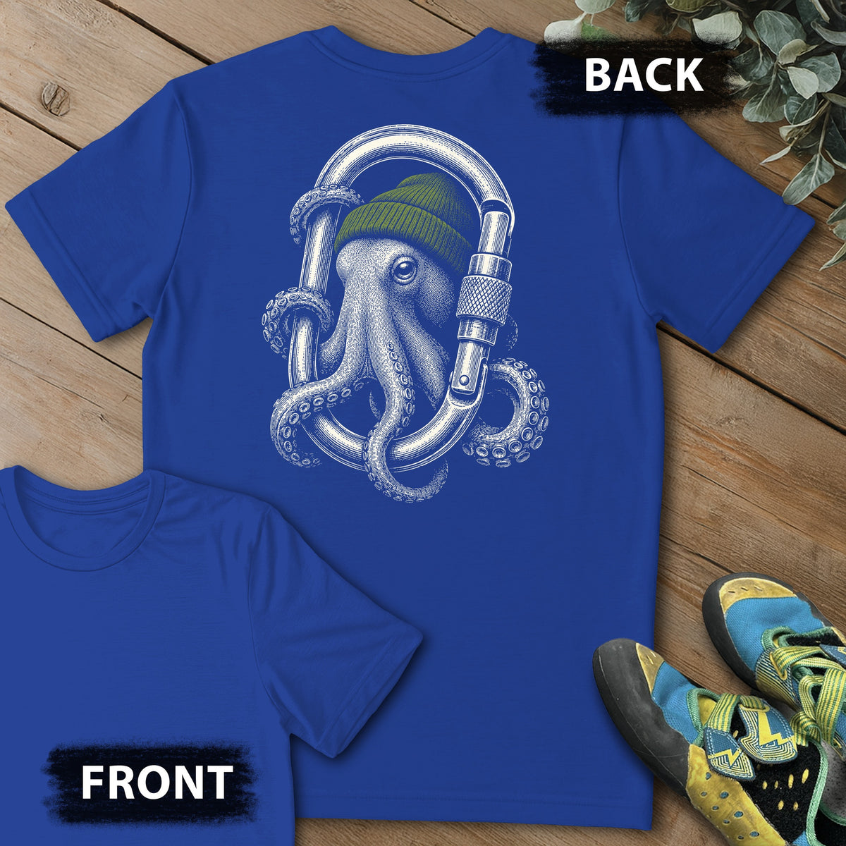 Octo Carabiner Backprint Tee in Royal — flat lay mockup