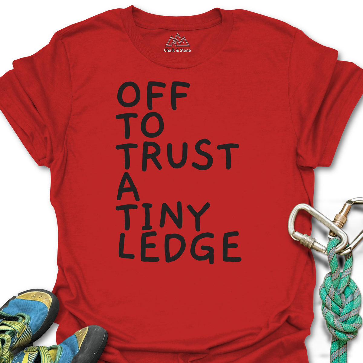 Off To Trust A Tiny Ledge Tee in Red — flat lay mockup