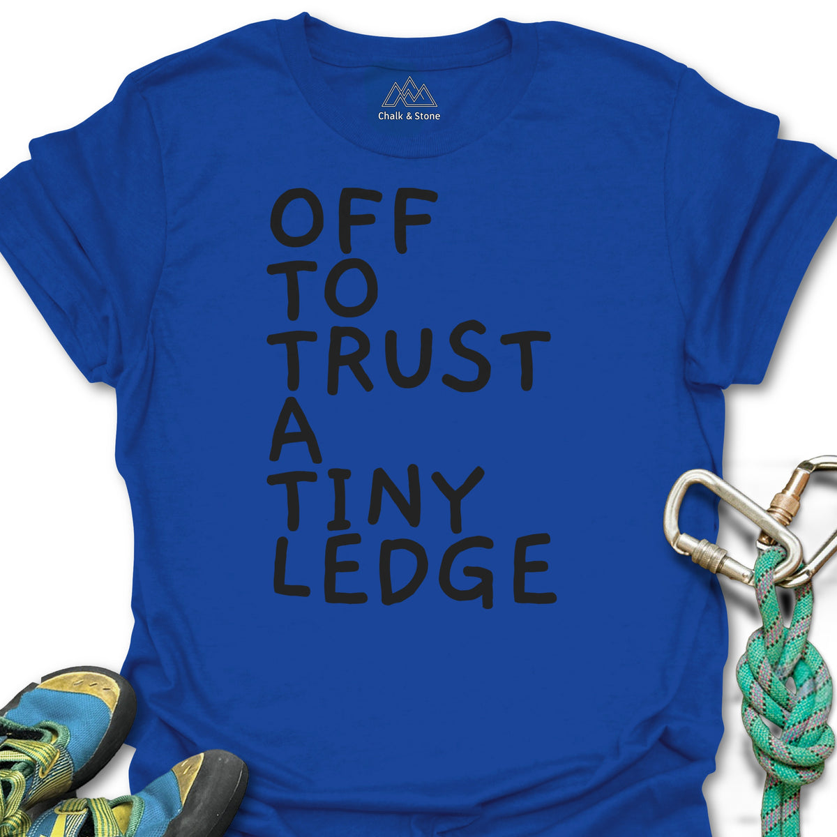 Off To Trust A Tiny Ledge Tee in Royal — flat lay mockup